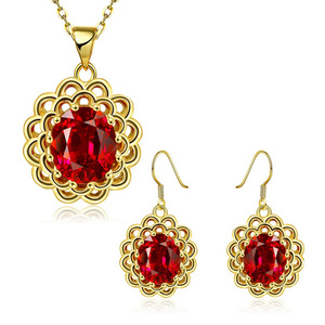18ct gold plated with red cubic zirconia oval flower earrings and necklace jewellery set