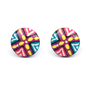 Round hand painted vibrant cross wooden stud earrings with plastic posts