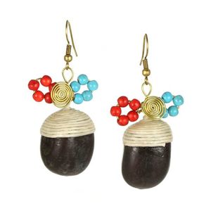 Handmade Black Nut with Red & Turquoise Bead Drop Earrings