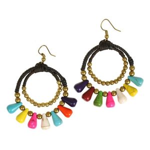 Colourful Bead Double Hoop Wax Cord Drop Earrings