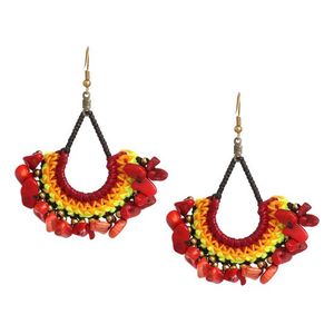 Wax Cord Teardrop Hoop with Red Stone Drop Earrings