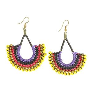 Purple Wax Cord Teardrop Hoop with Yellow Bead Drop Earrings