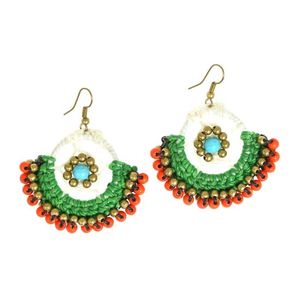 White & Green Wax Cord Hoop with Red Bead Drop Earrings