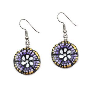 White Flower With Golden and Purple Dots Coconut Shell Drop Earrings