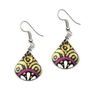 White Flower with Golden Swirls Coconut Shell Teardrop Earrings