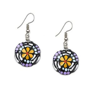 Yellow Flower and Purple Dots Coconut Shell Drop Earrings