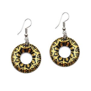 Black and Golden Flower Coconut Shell Hoop Drop Earrings