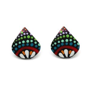 White Flower and Dainty Dots Coconut Shell Teardrop Stud Earrings with Plastic Posts