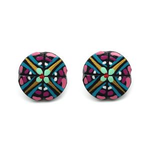 Lovely Pink and Green Flowers Coconut Shell Stud Earrings with Plastic Posts