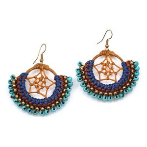 Dream Catcher Wax Cord Hoop with Turquoise and Golden Beads Drop Earrings
