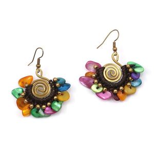 Gold Tone Spiral with Colourful Shell Chips Wax Cord Drop Earrings