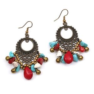 Vintage Coral Turquoise Howlite and Bead Drop Earrings