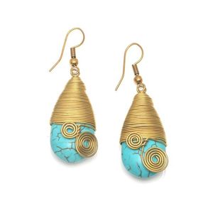 Turquoise Teardrop with Gold Tone Spiral Drop Earrings