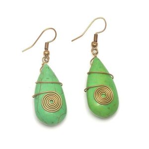 Green Howlite Teardrop With Gold Tone Spiral Drop Earrings