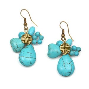Turquoise Teardrop and Beads With Gold Tone Spiral Drop Earrings