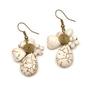 White Howlite Teardrop and Beads With Gold Tone Spiral Drop Earrings