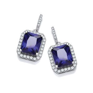 Micro Pavé Emerald Cut Sappire Blue CZ Drop Earrings