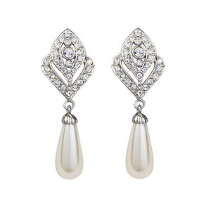 Bridal teardrop simulated pearl with Austrian crystal white gold plated drop clip on earrings with gift box