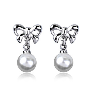  Bridal simulated pearl with white gold plated bow drop clip on earrings with gift box