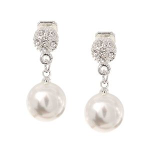 White Round Faux Pearl with Crystal Silver-tone Drop Clip-on Earrings