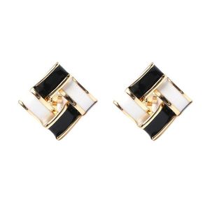 White and Black Enamel Square Weave Gold-Tone Clip-on Earrings