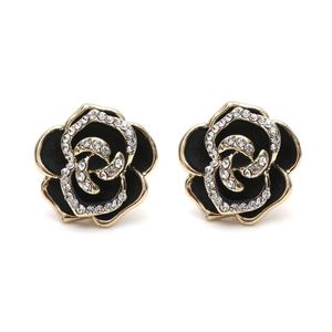 Black Flower with Crystal Gold-tone Clip On Earrings