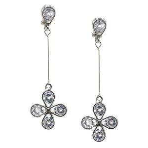 Silver-tone Cubic Zirconia Flower Drop Clip-on Earrings