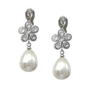 Cubic Zirconia Flower with Simulated Pear Shape Pearl Drop Clip On Earrings