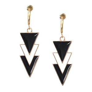 Black and White Enamel Triple Triangle Drop Hoop Clip On Earrings