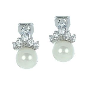 White Gold-plated Cubic Zirconia Tiara Inspired with Shell Pearl Clip On Earrings