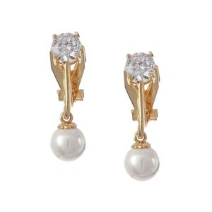 Gold-plated Round Cut Cubic Zirconia with Dangle Shell Pearl Drop Clip On Earrings