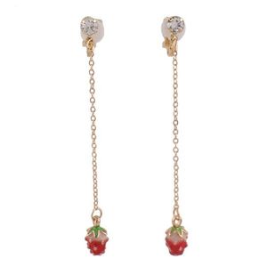 Red Strawberry Dangle Chain Clip On Earrings