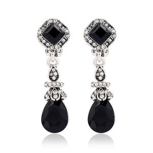 Black Faceted Teardrop and Crystal Dangle Clip On Earrings