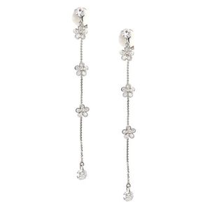 Silver-tone CZ Flowers Dangle Clip On Earrings