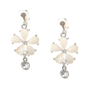 White Faceted Flower and Crystal Drop Clip On Earrings