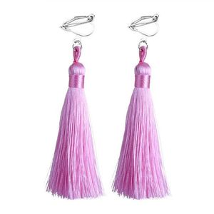 Pink Tassel Drop Clip On Earrings