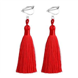 Red Tassel Drop Clip On Earrings