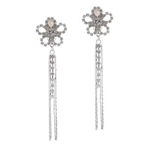 Flower Crystal Tassel Drop Bridal Clip on Earrings