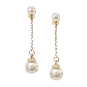 Yellow Gold-Plated Double Pearl Chain Drop Clip On Earrings