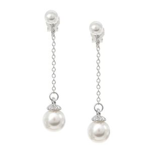White Gold-Plated Double Pearl Chain Drop Clip On Earrings