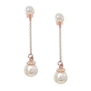 Rose Gold-Plated Double Pearl Chain Drop Clip On Earrings