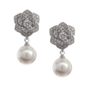 Micro Pave CZ Flower with Shell Pearl Drop Gold Plated Clip On Earrings