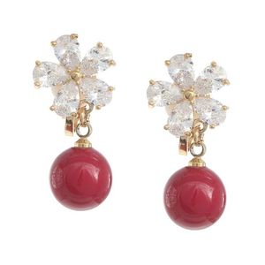 Cubic Zirconia Flower with Red Bead Drop Yellow Gold Plated Clip On Earrings