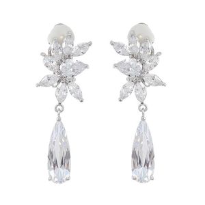 Bridal Marquise and Teardrop Cubic Zirconia Drop White Gold Plated Clip On Earrings