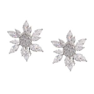 Marquise and Round Cubic Zirconia Flower White Gold Plated Clip On Earrings