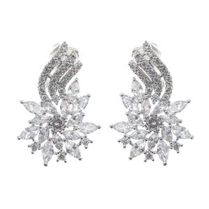 Bridal White Gold Plated Marquise Cubic Zirconia Flower Clip On Earrings