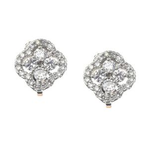 White Gold Plated Cubic Zirconia Sparkle 4 Leaf Clover Flower Clip On Earrings