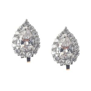 White Gold Plated Cubic Zirconia Teardrop Halo Clip On Earrings