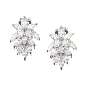 White Gold Plated Marquise Cubic Zirconia Flower Clip On Earrings