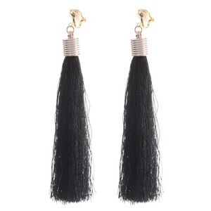 Black Tassel Statement Drop Gold Tone Clip On Earrings